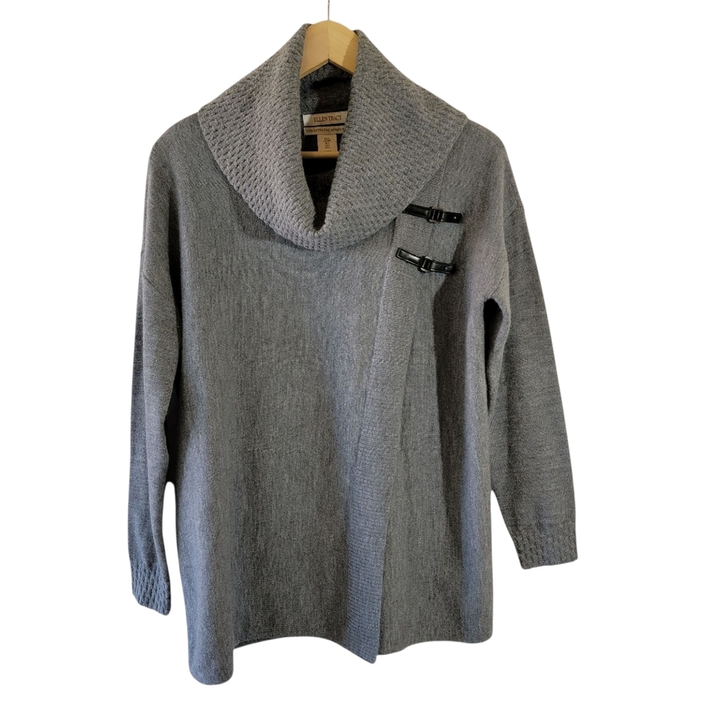 ELLEN TRAVY Gray 100% Extra Fine Merino Wool Cowlneck Sweater S Old Money Cozy